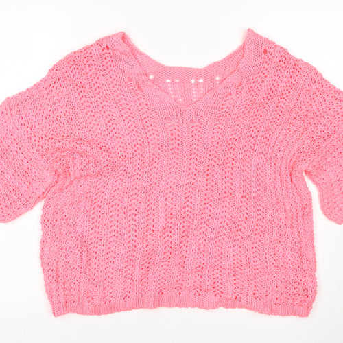 Next Women's Pink Cotton Open Knit V-Neck Short Sleeve Jumper Size M