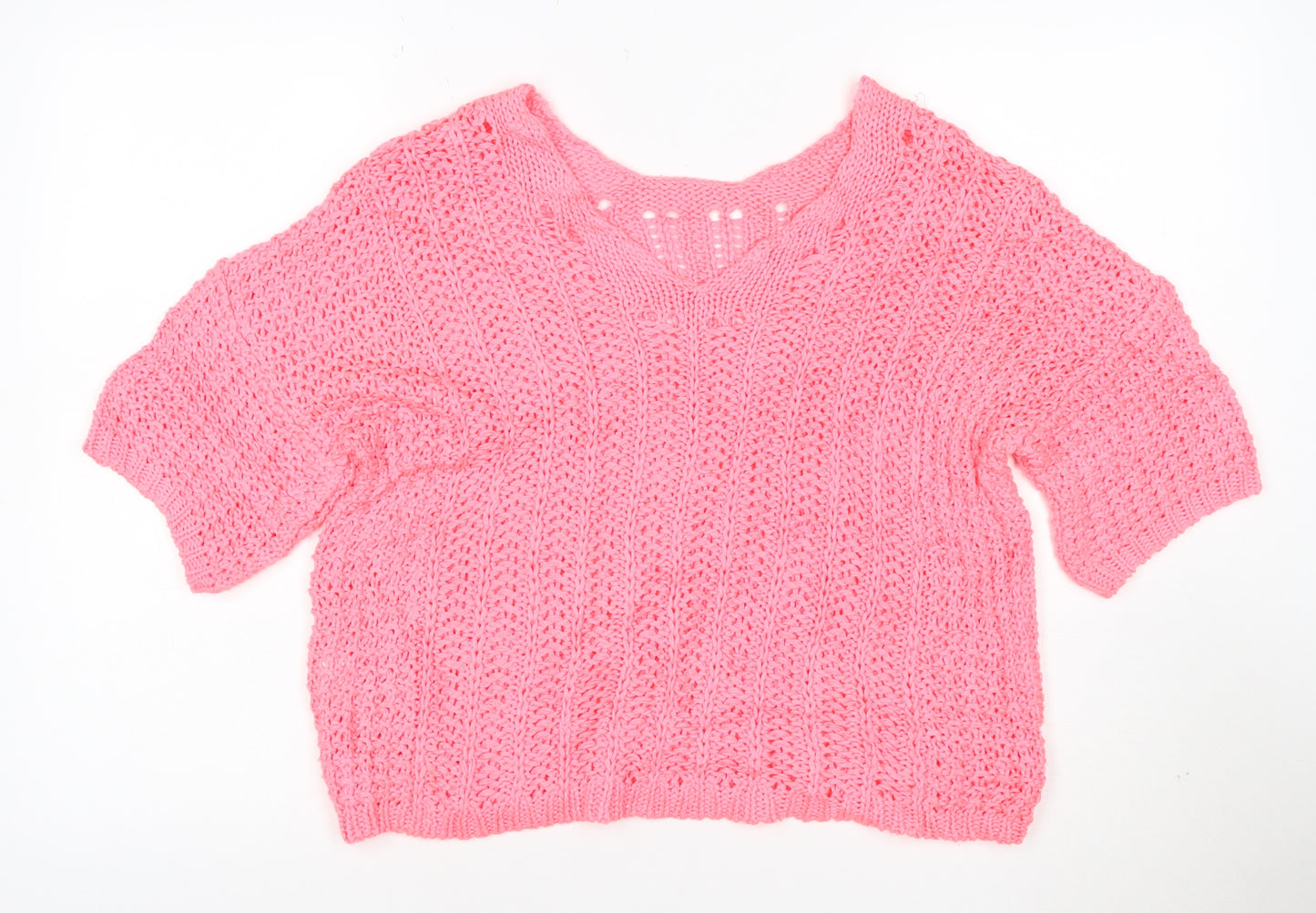 Next Women's Pink Cotton Open Knit V-Neck Short Sleeve Jumper Size M