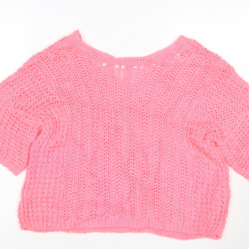 Next Women's Pink Cotton Open Knit V-Neck Short Sleeve Jumper Size M