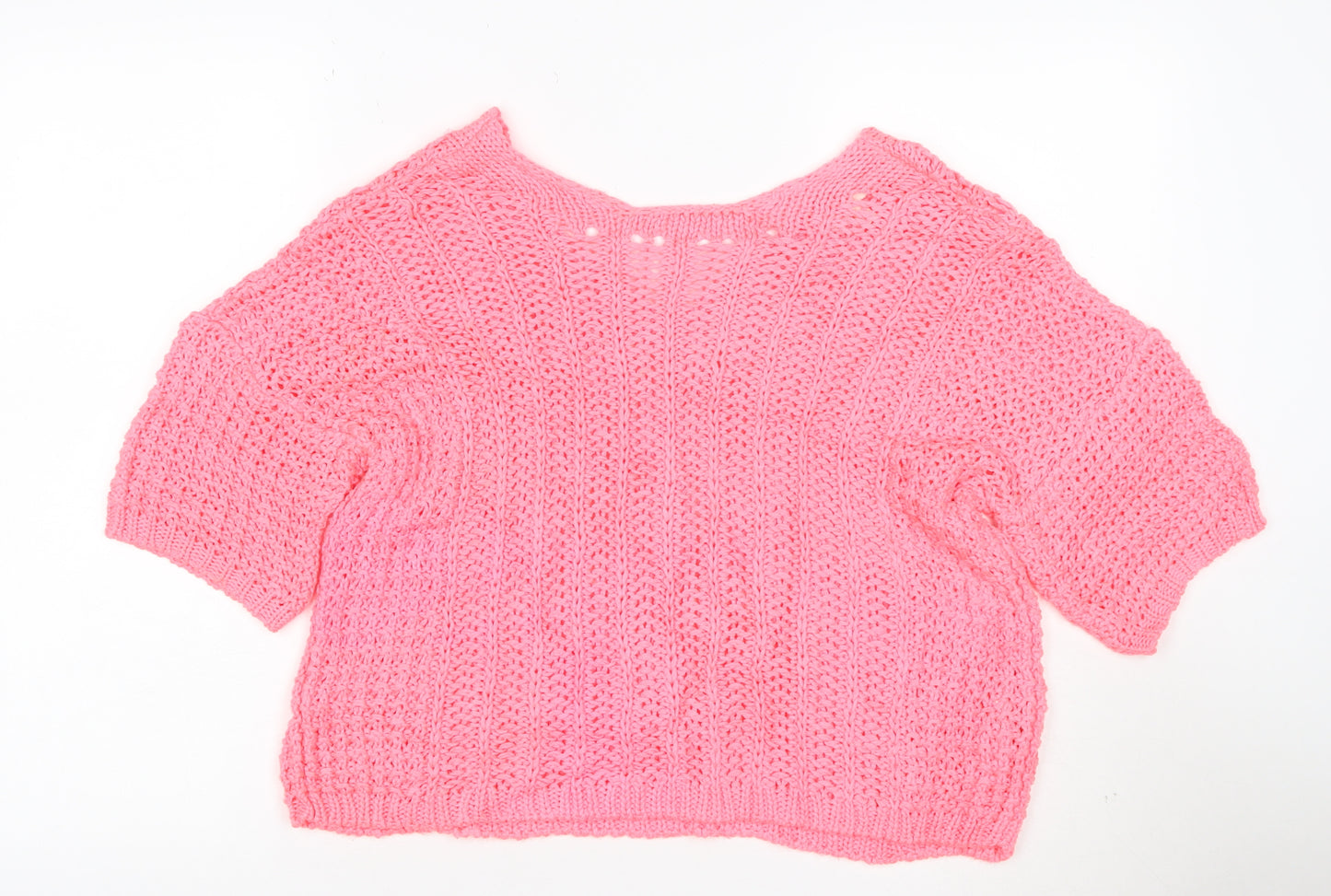 Next Women's Pink Cotton Open Knit V-Neck Short Sleeve Jumper Size M