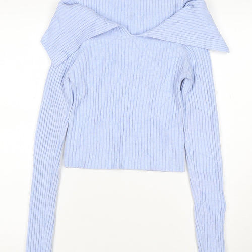 Bershka Women Blue Rib-Knit Off Shoulder Pullover Jumper Size 12