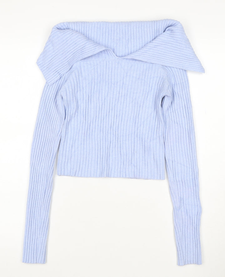 Bershka Women Blue Rib-Knit Off Shoulder Pullover Jumper Size 12
