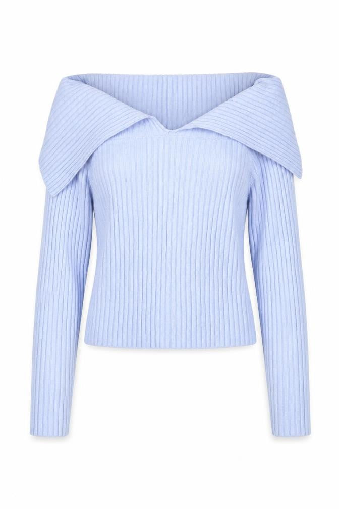 Front view of Bershka Women Blue Rib-Knit Off Shoulder jumper, size 12