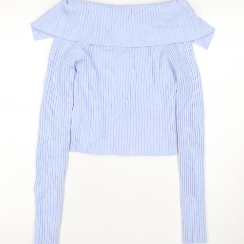Bershka Women Blue Rib-Knit Off Shoulder Pullover Jumper Size 12