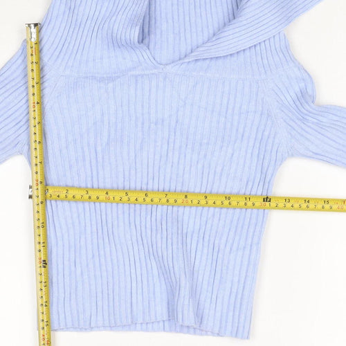 Bershka Women Blue Rib-Knit Off Shoulder Pullover Jumper Size 12