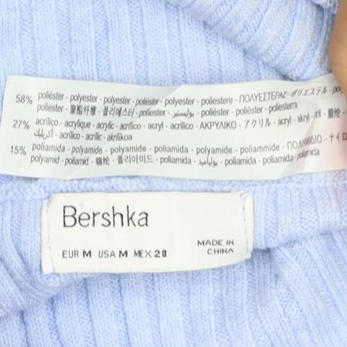 Bershka Women Blue Rib-Knit Off Shoulder Pullover Jumper Size 12