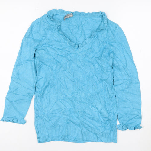 Marks and Spencer Women Blue V-Neck Ruffle Knit Jumper Size 10
