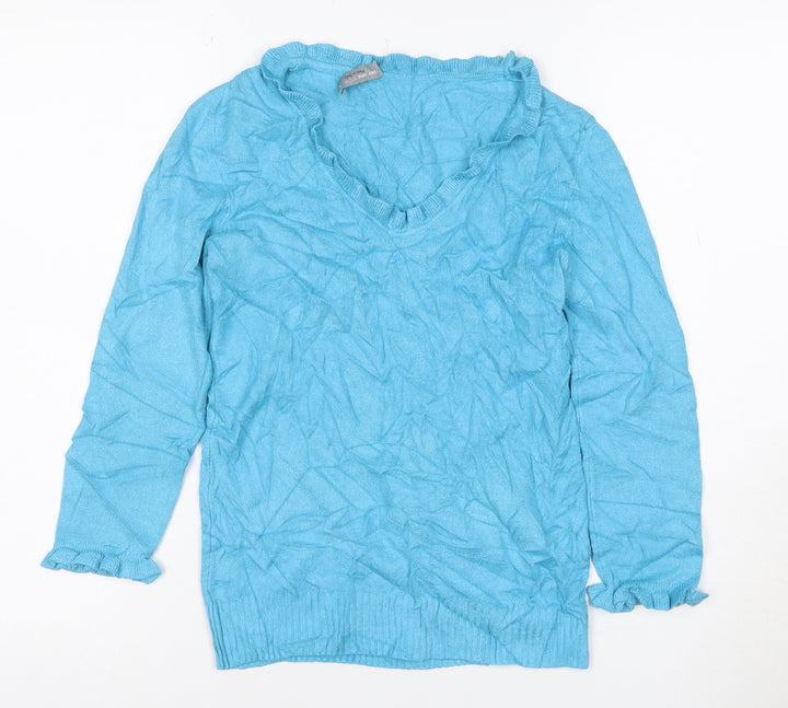Marks and Spencer Women Blue V-Neck Ruffle Knit Jumper Size 10