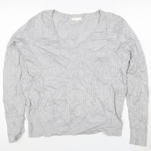 H&M Women’s Grey V-Neck Knit Jumper Size 12 Long Sleeve