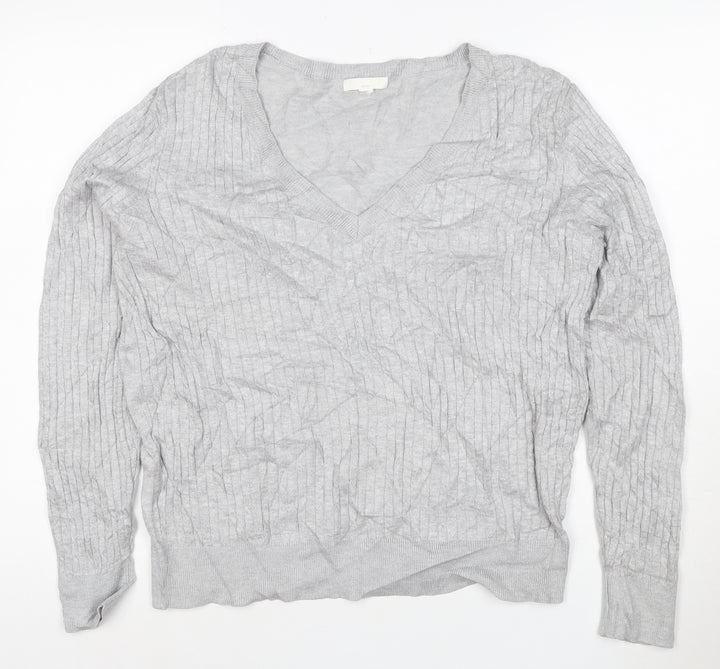 H&M Women’s Grey V-Neck Knit Jumper Size 12 Long Sleeve
