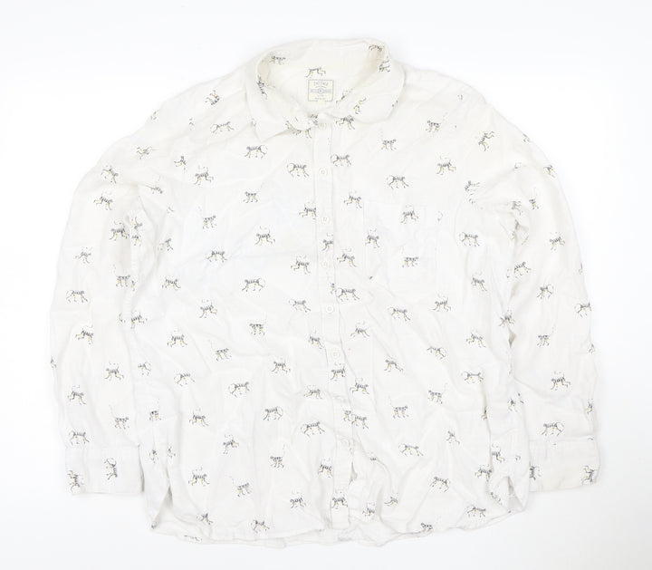 Fat Face Women's White Animal Print Cotton Linen Long Sleeve Shirt Size 10