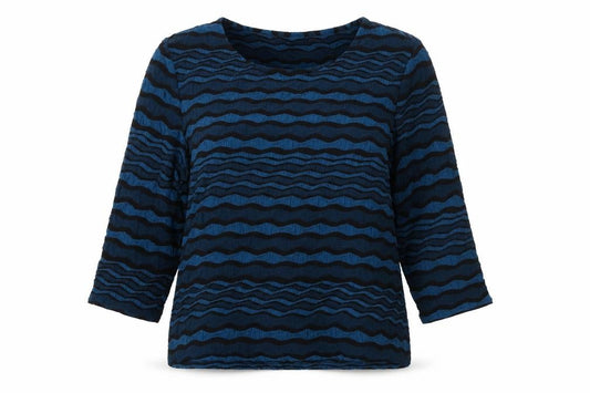 Front view of C C women’s blue striped 3/4 sleeve jersey blouse, size L