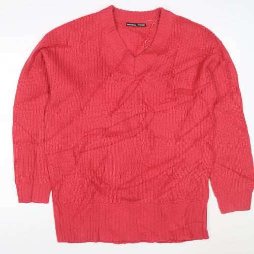 Threadbare Womens Pink V-Neck Chunky Knit Pullover Jumper Size 12