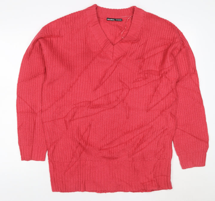 Threadbare Womens Pink V-Neck Chunky Knit Pullover Jumper Size 12