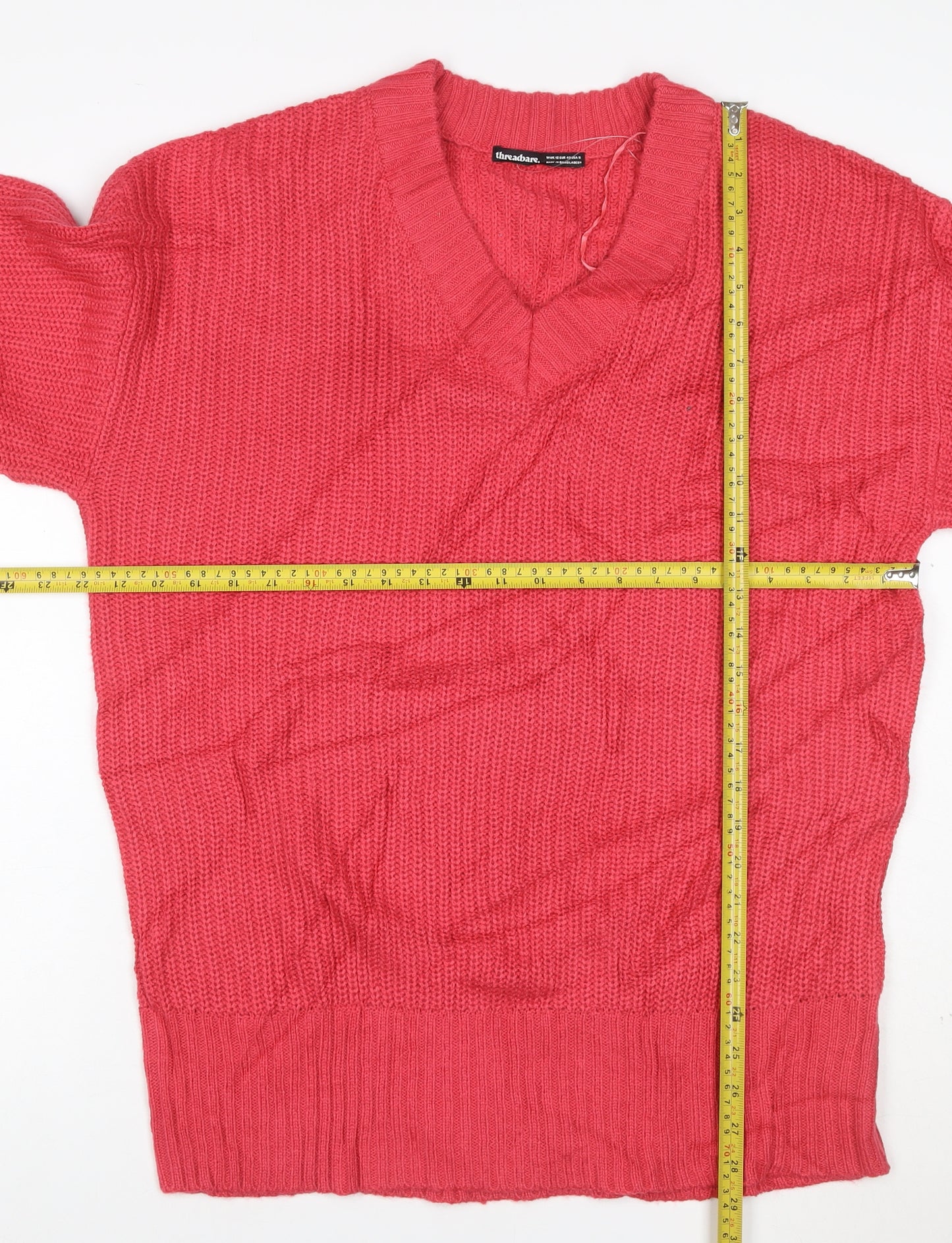 Threadbare Womens Pink V-Neck Chunky Knit Pullover Jumper Size 12