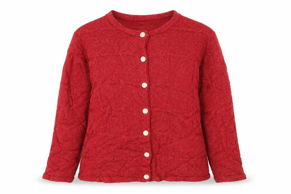 Front view of Honor Millburn Women's Red Acrylic Button Cardigan, size 14-16