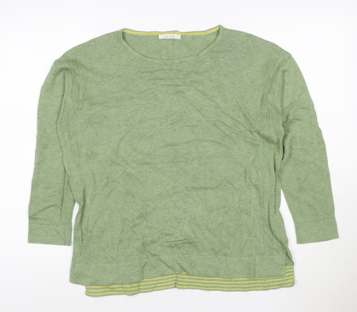 White Stuff Women's Green Cotton Blend Crew Neck 3/4 Sleeve Jumper UK 12