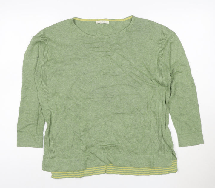 White Stuff Women's Green Cotton Blend Crew Neck 3/4 Sleeve Jumper UK 12