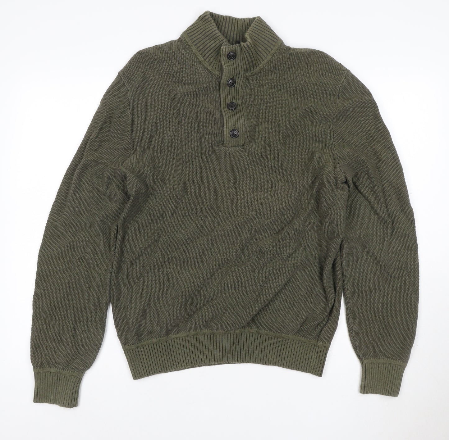 GAP Men's Green Cotton Henley Jumper M High Neck Long Sleeve