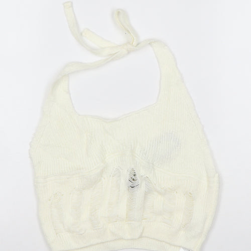 Boohoo Women Ivory Knit Halter Cropped Tank Top M