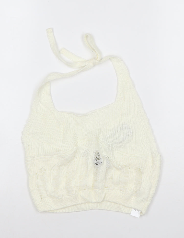 Boohoo Women Ivory Knit Halter Cropped Tank Top M