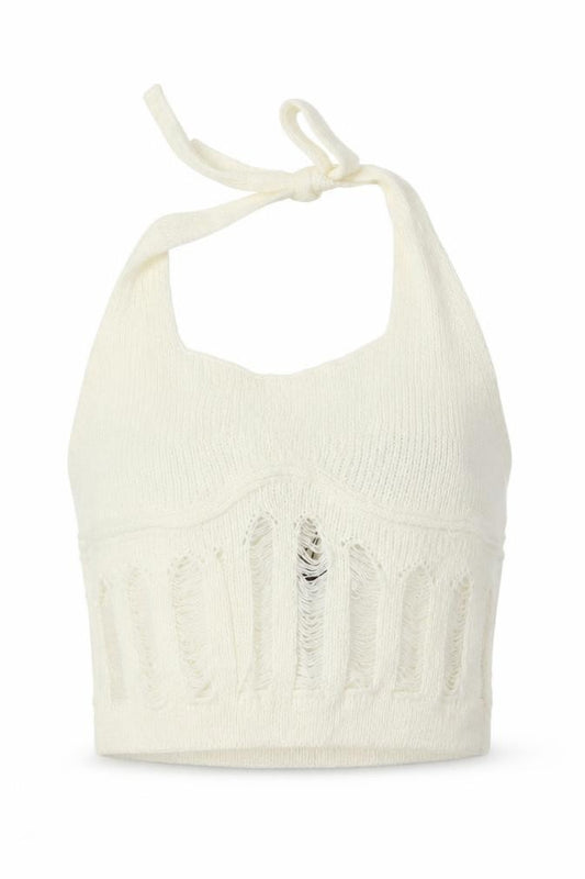 Front view of Boohoo Women Ivory Knit Halter Cropped Tank Top M
