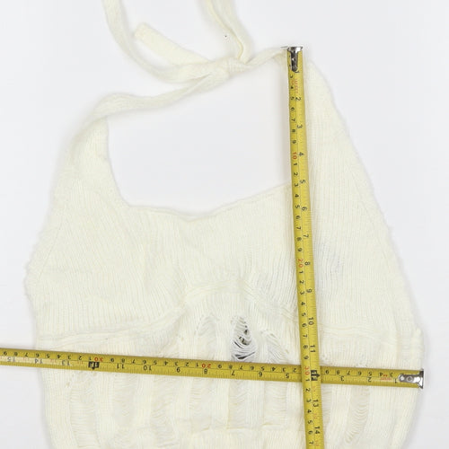 Boohoo Women Ivory Knit Halter Cropped Tank Top M