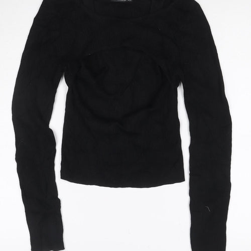 Stradivarius Women’s Black Ribbed Long Sleeve Boat Neck Knit Top Size 12