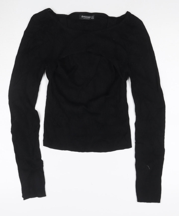 Stradivarius Women’s Black Ribbed Long Sleeve Boat Neck Knit Top Size 12