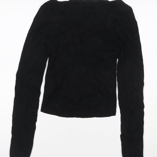 Stradivarius Women’s Black Ribbed Long Sleeve Boat Neck Knit Top Size 12