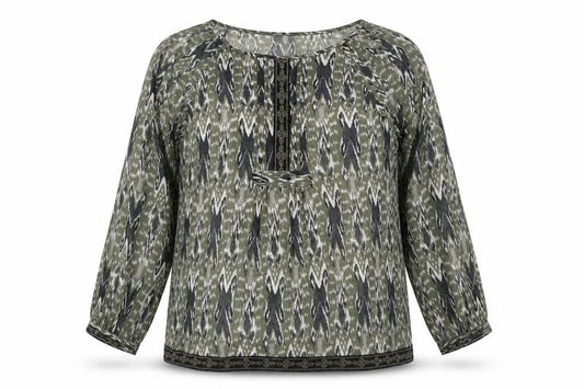 Front view of BHS Women’s Green Geometric Tunic Blouse, size UK 20, Long Sleeve