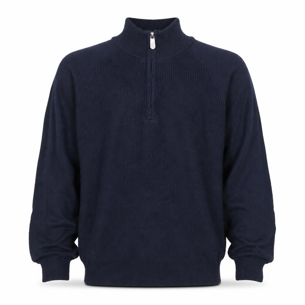Front view of Cotton Traders Men’s Navy Blue L 1/2 Zip High Neck Cotton Jumper