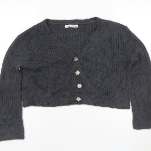 Pull&Bear Women's Grey V-Neck Button Cardigan XS Knit Crop Jumper