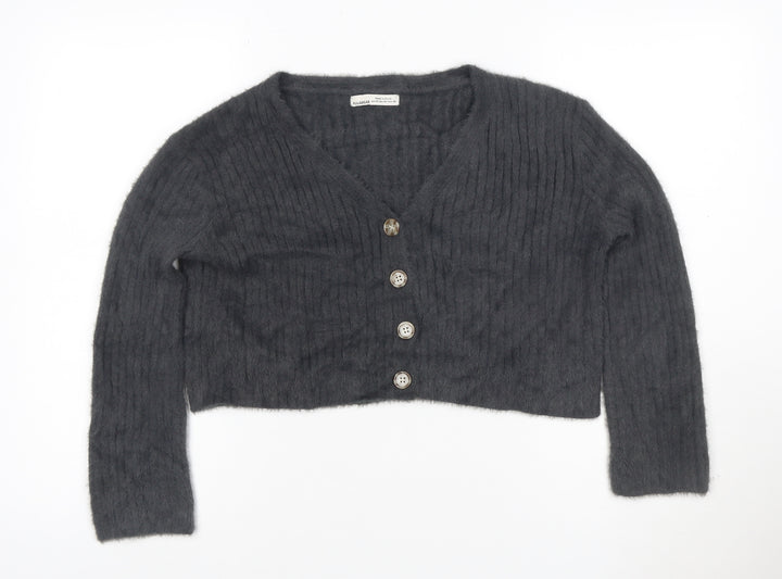 Pull&Bear Women's Grey V-Neck Button Cardigan XS Knit Crop Jumper