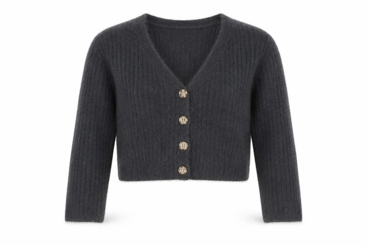Pull&Bear Women's Grey V-Neck Button Cardigan XS Knit Crop Jumper