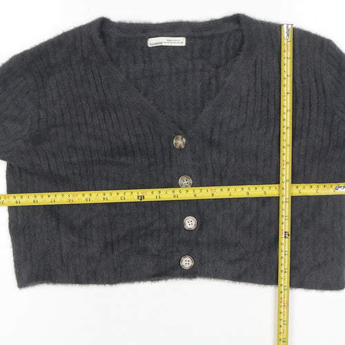 Pull&Bear Women's Grey V-Neck Button Cardigan XS Knit Crop Jumper