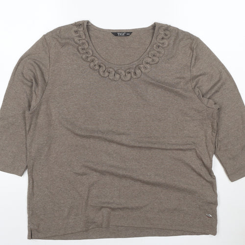 Tigi Women’s Brown 3/4 Sleeve Embroidered Neck Cotton Blend Top Size 18