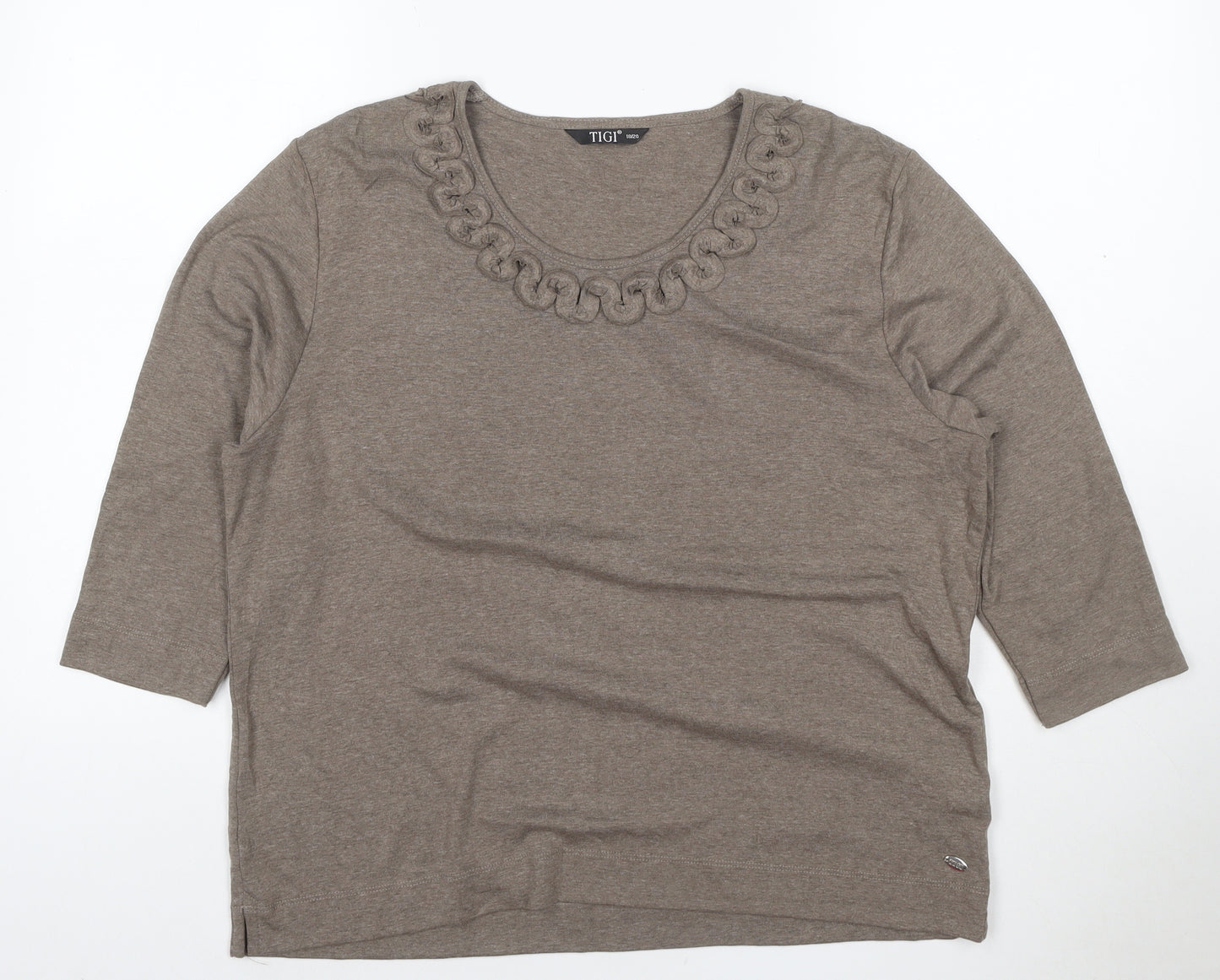 Tigi Women’s Brown 3/4 Sleeve Embroidered Neck Cotton Blend Top Size 18