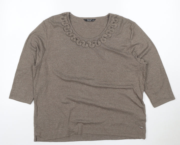 Tigi Women’s Brown 3/4 Sleeve Embroidered Neck Cotton Blend Top Size 18