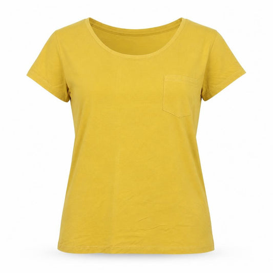 Front view of Soaked In Luxury Women's Yellow Short Sleeve Basic Modal T-Shirt M