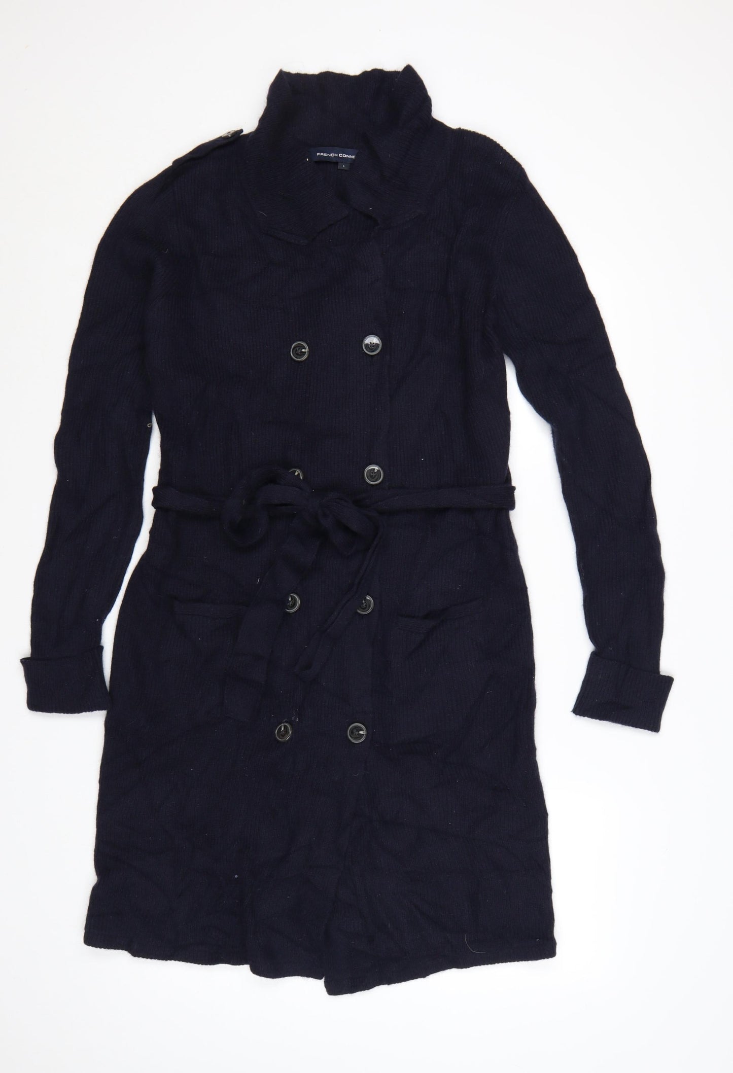 French Connection Women's Black L Collared Belted Knit Cardigan