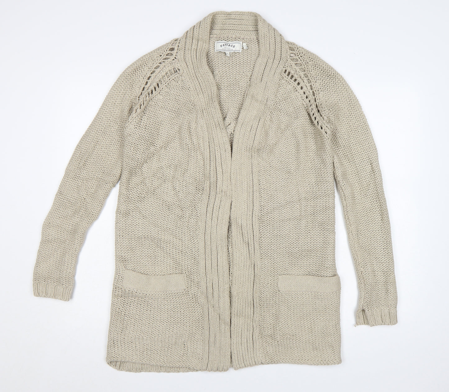 FatFace Womens Beige Cotton Long Sleeve Open Knit Cardigan Size 8
