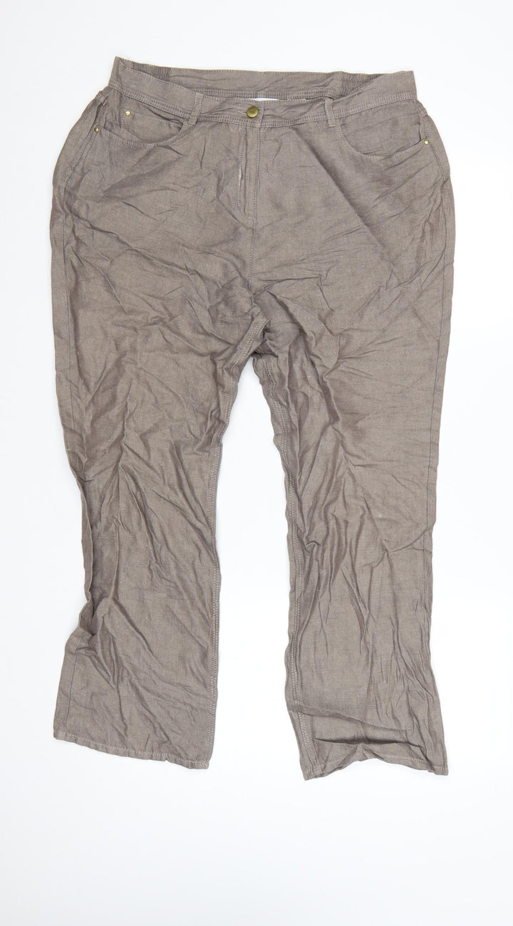 Marks and Spencer Women Brown Linen Blend Chino Trousers Size 14 Short