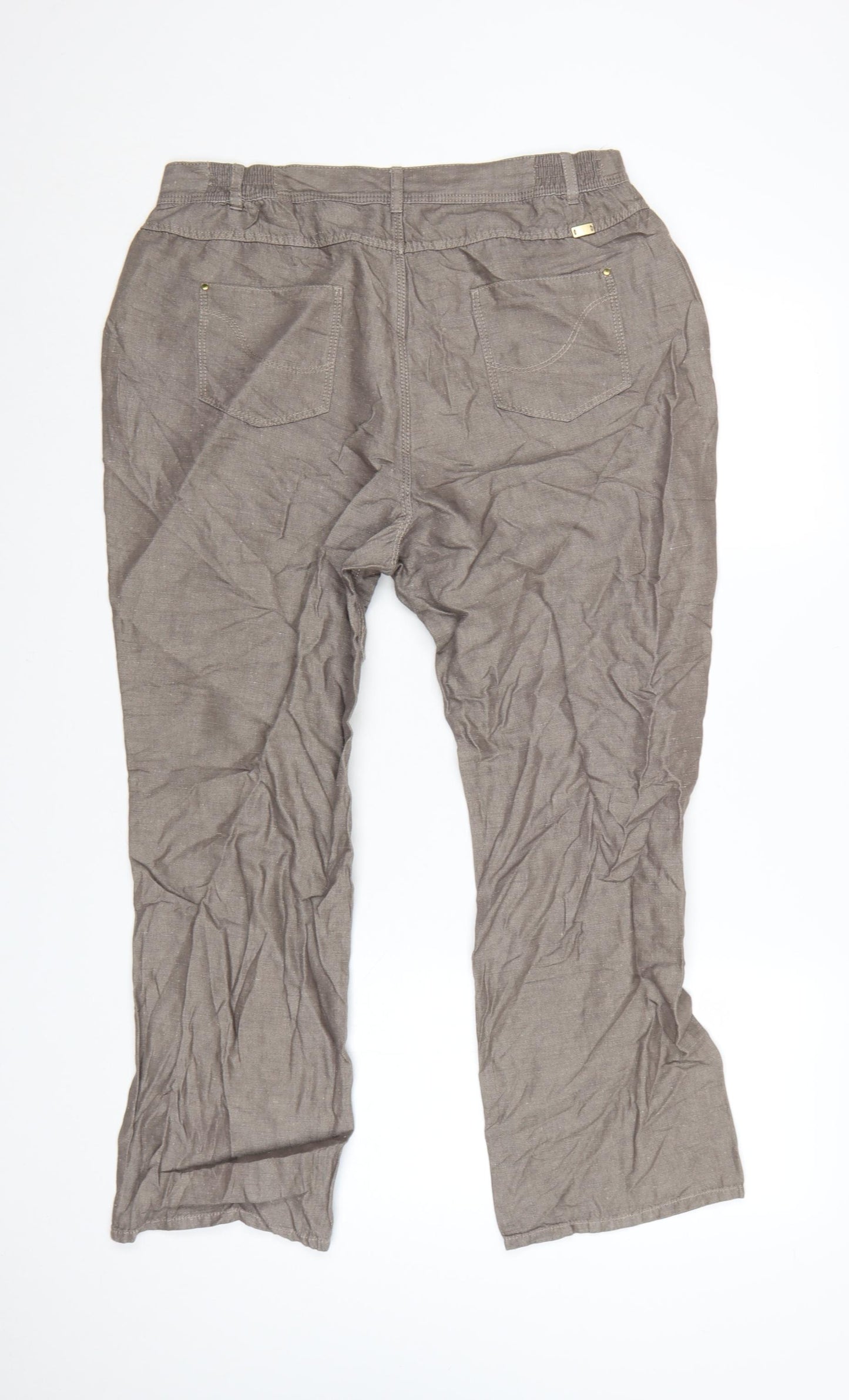 Marks and Spencer Women Brown Linen Blend Chino Trousers Size 14 Short
