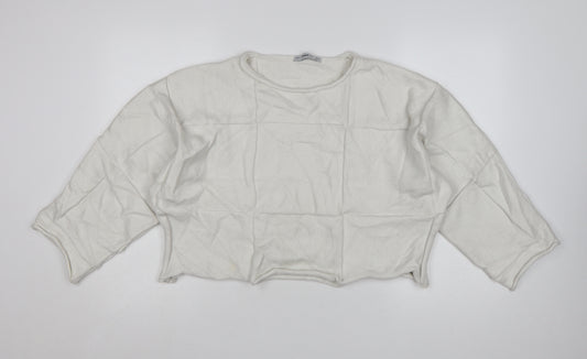 Zara Women Ivory Knit Relaxed Fit Cropped Pullover Jumper Size S