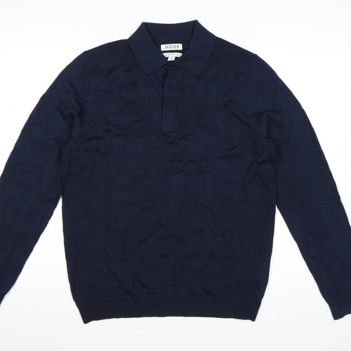 Jaeger Men’s Blue Merino Silk Collared Henley Jumper M