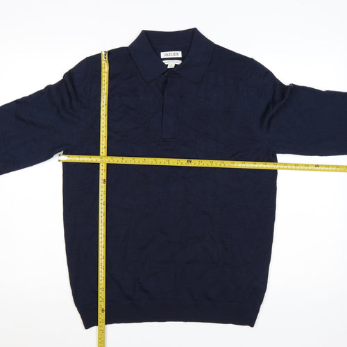 Jaeger Men’s Blue Merino Silk Collared Henley Jumper M