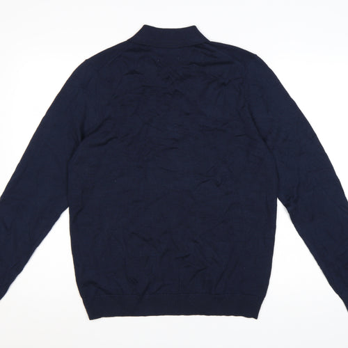 Jaeger Men’s Blue Merino Silk Collared Henley Jumper M