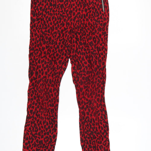 Zara Women Red Animal Print Skinny Trousers Size 10 Zip Detail