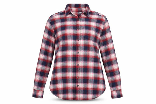 Front view of Marks & Spencer Women's Red Plaid Cotton Button-Up Shirt, size 12